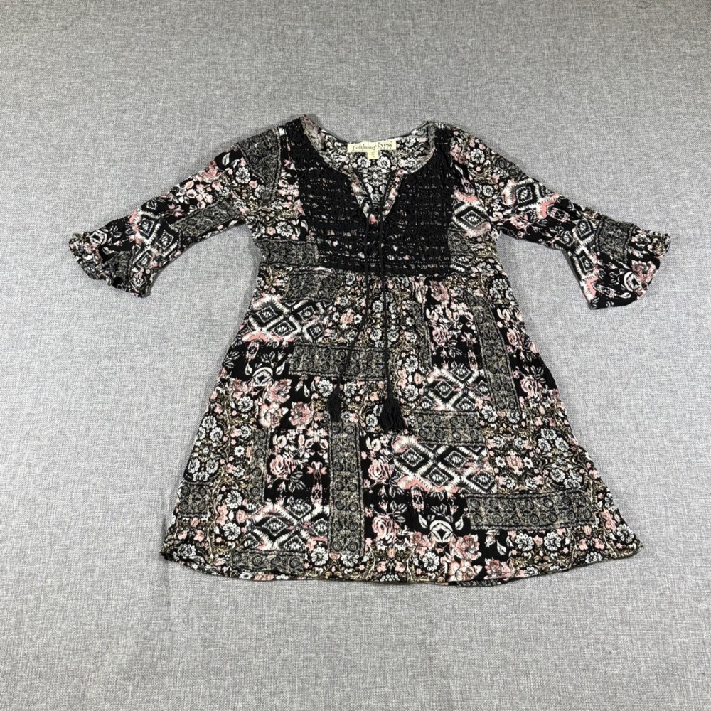 California Gypsy Boho Peasant Dress Womens XS Black Pink Floral Crochet Tassel